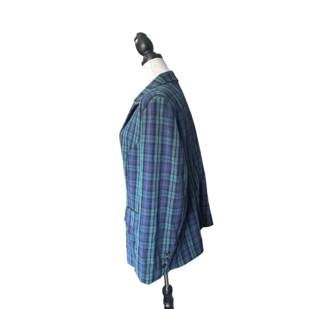 Vintage 80's Retro Roaman's Plaid Blazer Jacket Blue Green Career‎ Casual 16W
